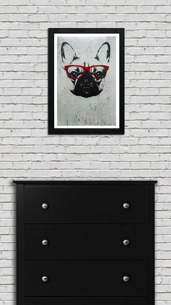 Limited Edition French Bulldog with Red Glasses Art Poster / Print - 13x19"