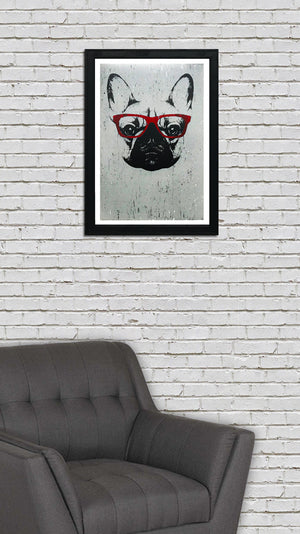 Limited Edition French Bulldog with Red Glasses Art Poster / Print - 13x19"