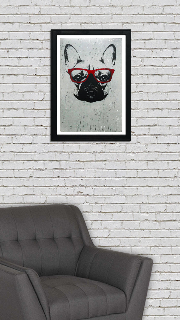 Limited Edition French Bulldog with Red Glasses Art Poster / Print - 13x19"