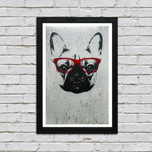 Limited Edition French Bulldog with Red Glasses Art Poster / Print - 13x19"