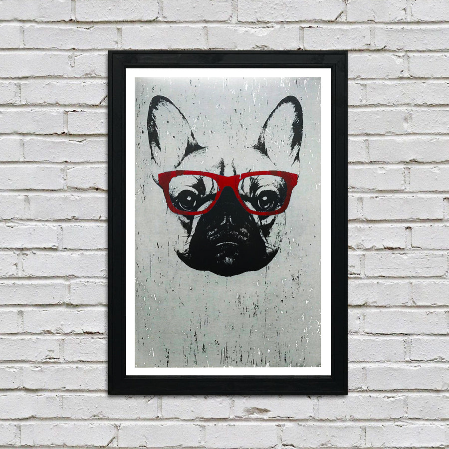 Limited Edition French Bulldog with Red Glasses Art Poster / Print - 13x19"