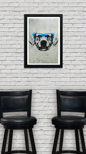 Limited Edition Golden Retriever with Blue Glasses Art Print / Poster - 13x19"