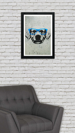 Limited Edition Golden Retriever with Blue Glasses Art Print / Poster - 13x19"