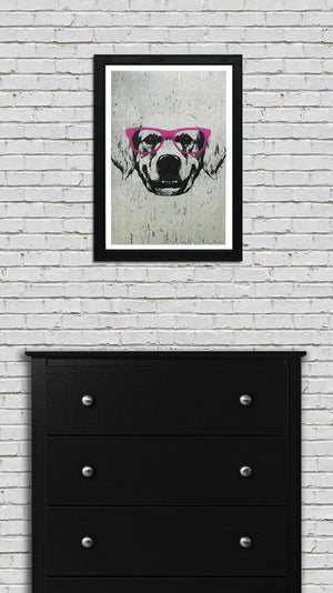 Limited Edition Golden Retriever with Pink Glasses Art Poster / Print - 13x19"