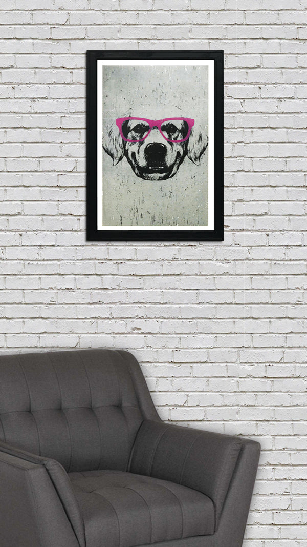 Limited Edition Golden Retriever with Pink Glasses Art Poster / Print - 13x19"