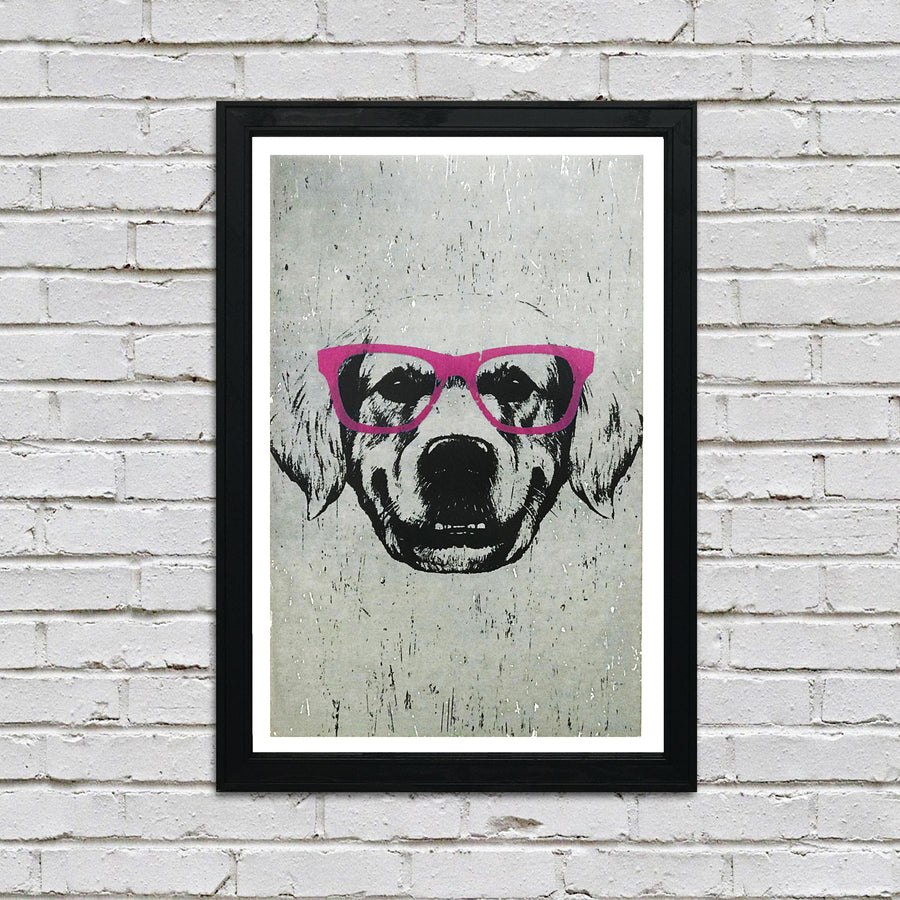 Limited Edition Golden Retriever with Pink Glasses Art Poster / Print - 13x19"