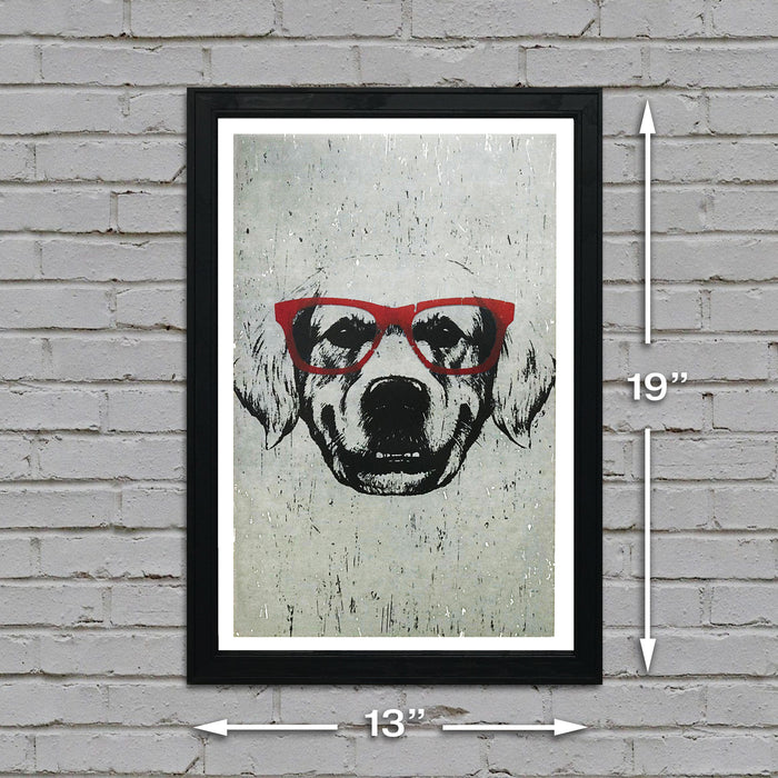 Limited Edition Golden Retriever with Red Glasses Art Poster / Print - 13x19"