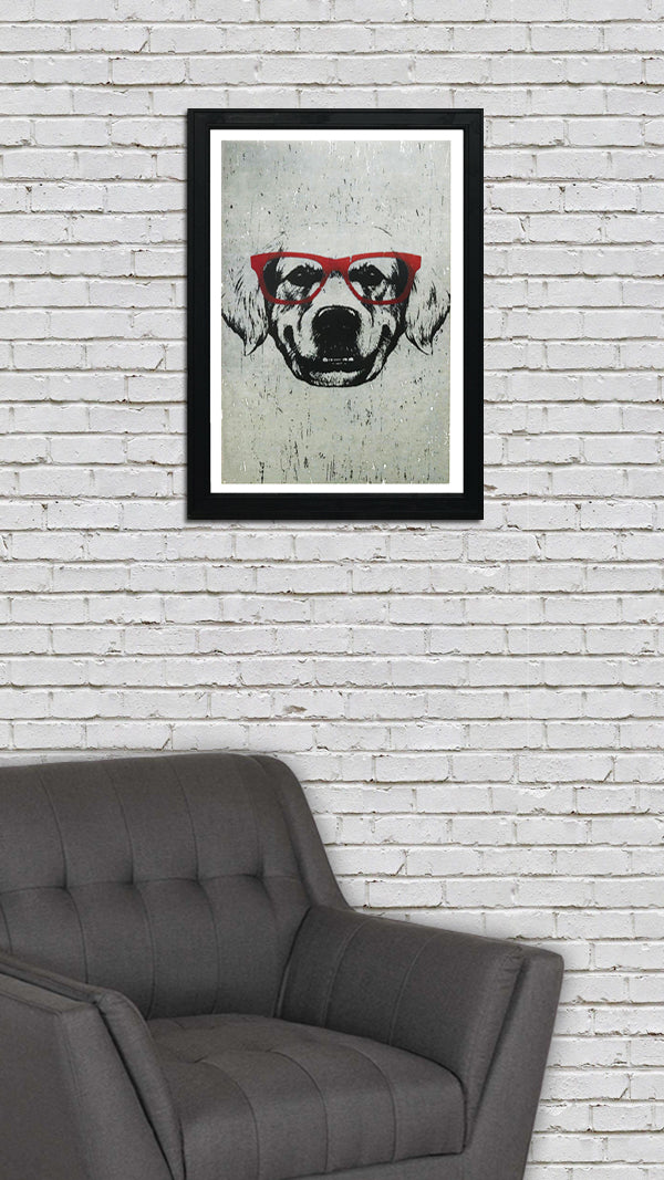 Limited Edition Golden Retriever with Red Glasses Art Poster / Print - 13x19"
