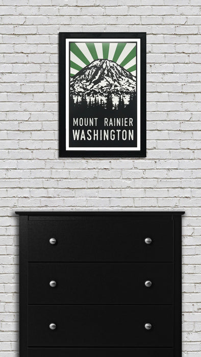 Limited Edition Mount Rainier Art Poster - Green and Black - 13x19"