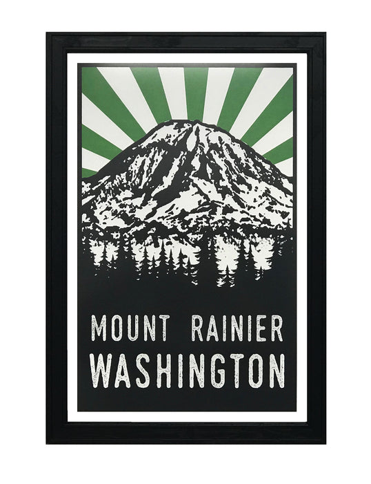 Limited Edition Mount Rainier Art Poster - Green and Black - 13x19"