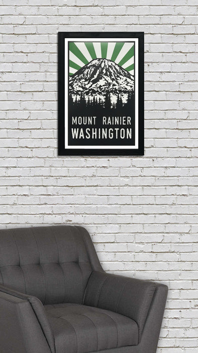 Limited Edition Mount Rainier Art Poster - Green and Black - 13x19"