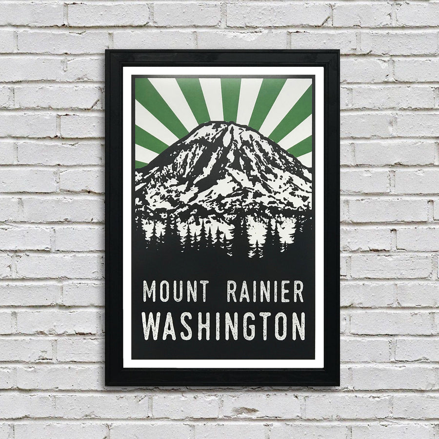 Limited Edition Mount Rainier Art Poster - Green and Black - 13x19"