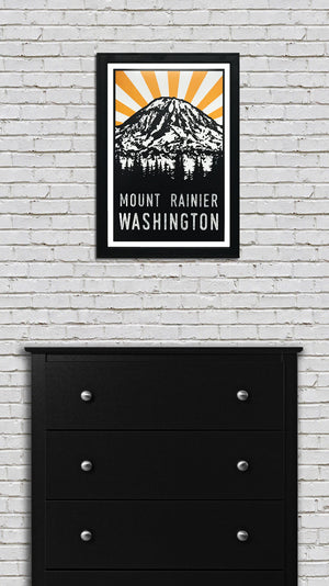 Limited Edition Mount Rainier Poster Art - Yellow and Black - 13x19"