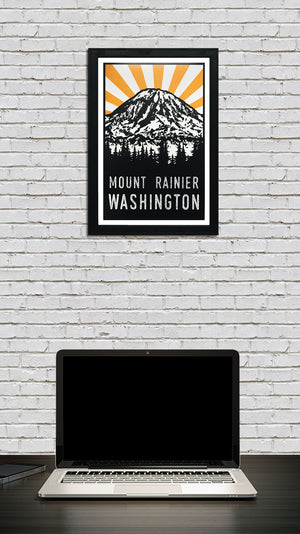 Limited Edition Mount Rainier Poster Art - Yellow and Black - 13x19"