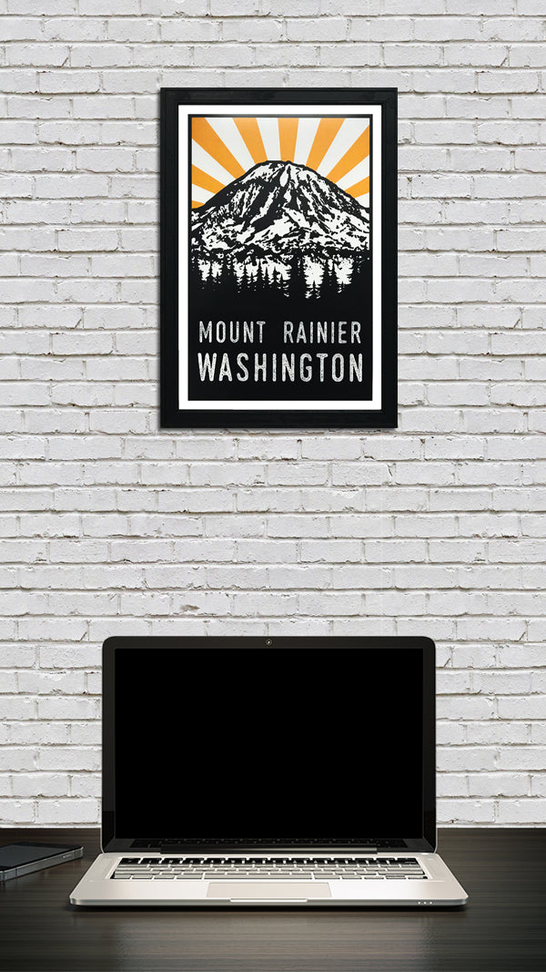 Limited Edition Mount Rainier Poster Art - Yellow and Black - 13x19"