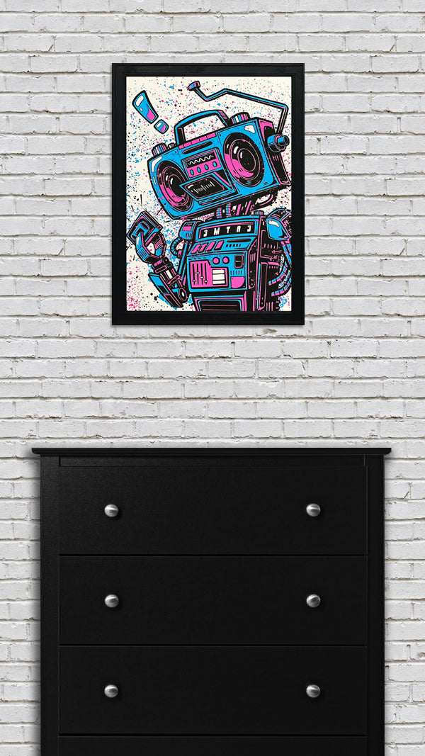 Limited Edition Music Poster Art Print - Boombox Robot Artist Series Featuring John Van Horn - Miami Vice Colors - 13x19"