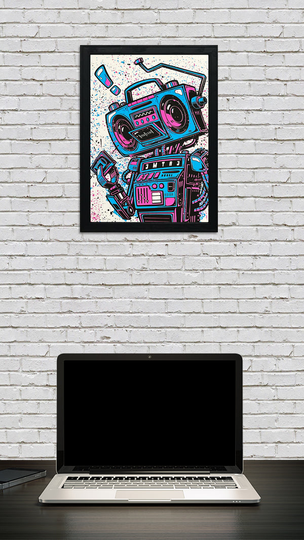 Limited Edition Music Poster Art Print - Boombox Robot Artist Series Featuring John Van Horn - Miami Vice Colors - 13x19"