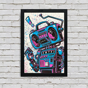 Limited Edition Music Poster Art Print - Boombox Robot Artist Series Featuring John Van Horn - Miami Vice Colors - 13x19"