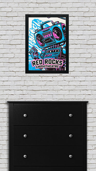 Limited Edition Red Rocks Music Poster Art Print - Boombox Robot Artist Series Featuring John Van Horn - Miami Vice Colors - 13x19"