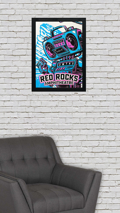 Limited Edition Red Rocks Music Poster Art Print - Boombox Robot Artist Series Featuring John Van Horn - Miami Vice Colors - 13x19"
