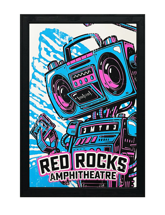 Limited Edition Red Rocks Music Poster Art Print - Boombox Robot Artist Series Featuring John Van Horn - Miami Vice Colors - 13x19"