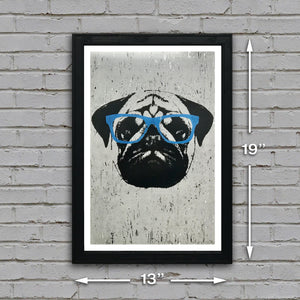 Limited Edition Pug Art Poster with Blue Glasses - 13x19"
