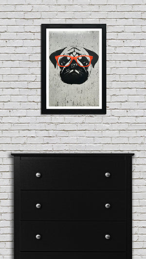 Limited Edition Pug Poster Art Print with Orange Glasses - 13x19"