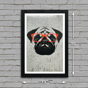 Limited Edition Pug Poster Art Print with Orange Glasses - 13x19"