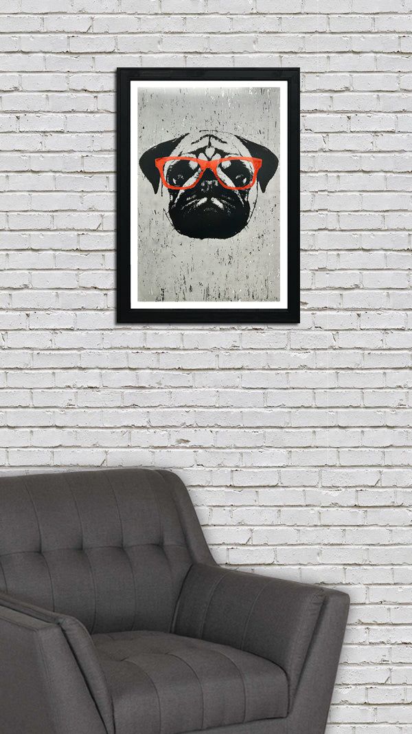 Limited Edition Pug Poster Art Print with Orange Glasses - 13x19"