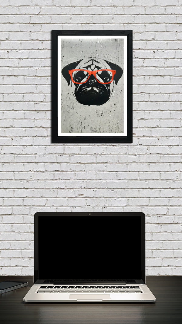 Limited Edition Pug Poster Art Print with Orange Glasses - 13x19"