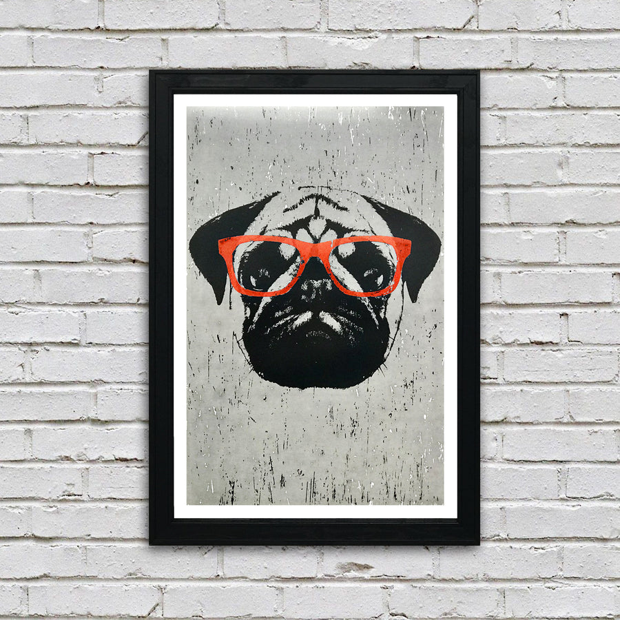 Limited Edition Pug Poster Art Print with Orange Glasses - 13x19"