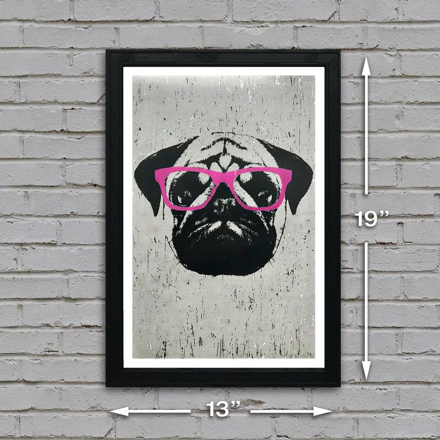 Limited Edition Pug Art Poster with Pink Glasses - 13x19"