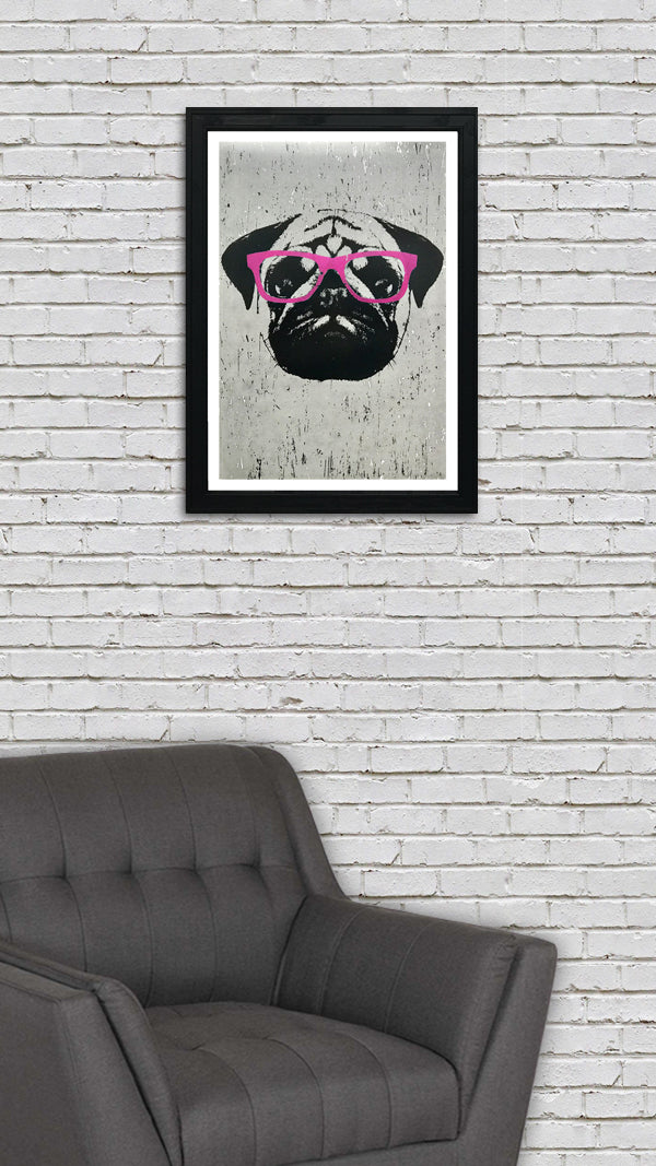 Limited Edition Pug Art Poster with Pink Glasses - 13x19"