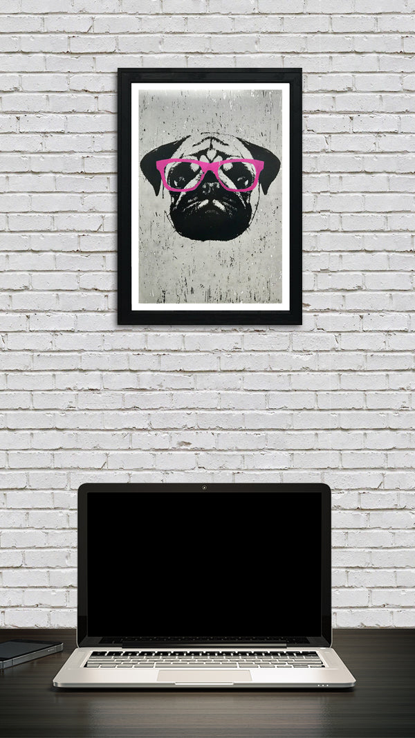 Limited Edition Pug Art Poster with Pink Glasses - 13x19"