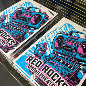Limited Edition Red Rocks Music Poster Art Print - Boombox Robot Artist Series Featuring John Van Horn - Miami Vice Colors - 13x19"