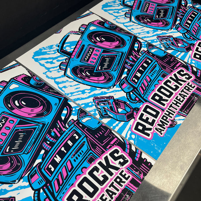 Limited Edition Red Rocks Music Poster Art Print - Boombox Robot Artist Series Featuring John Van Horn - Miami Vice Colors - 13x19"