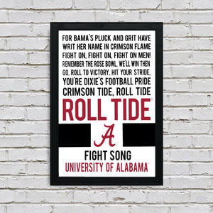 Limited Edition Roll Tide Yea Alabama Fight Song Crimson Tide Poster Art - 13x19"