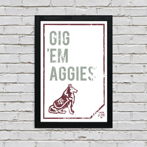 Limited Edition Texas A&M Gig 'Em Aggies Poster - Texas A&M Distressed Poster Art Print - 13x19"