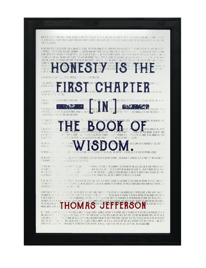 Limited Edition Thomas Jefferson Poster Art - Honesty First Chapter in Wisdom Quote - Patriotic Colors - 13x19"