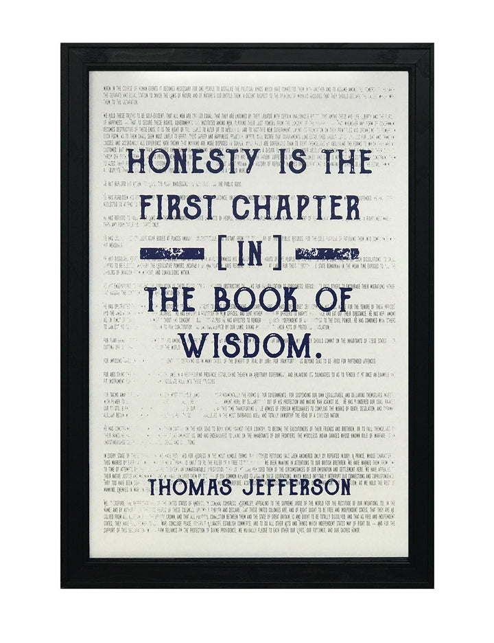 Limited Edition Thomas Jefferson Honesty First Chapter in Wisdom Quote Art Print Blue - 13x19"