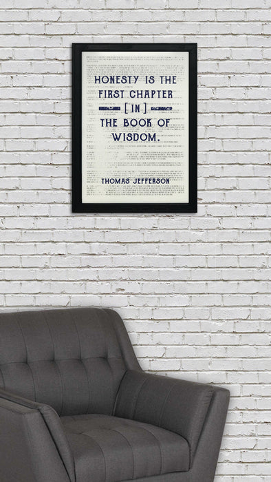 Limited Edition Thomas Jefferson Honesty First Chapter in Wisdom Quote Art Print Blue - 13x19"