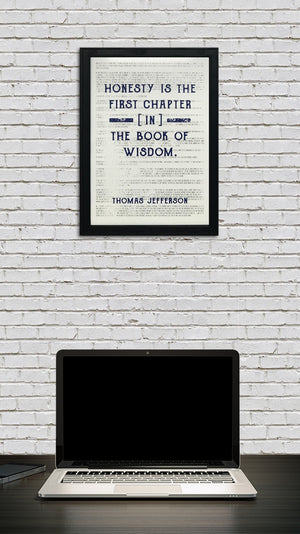 Limited Edition Thomas Jefferson Honesty First Chapter in Wisdom Quote Art Print Blue - 13x19"