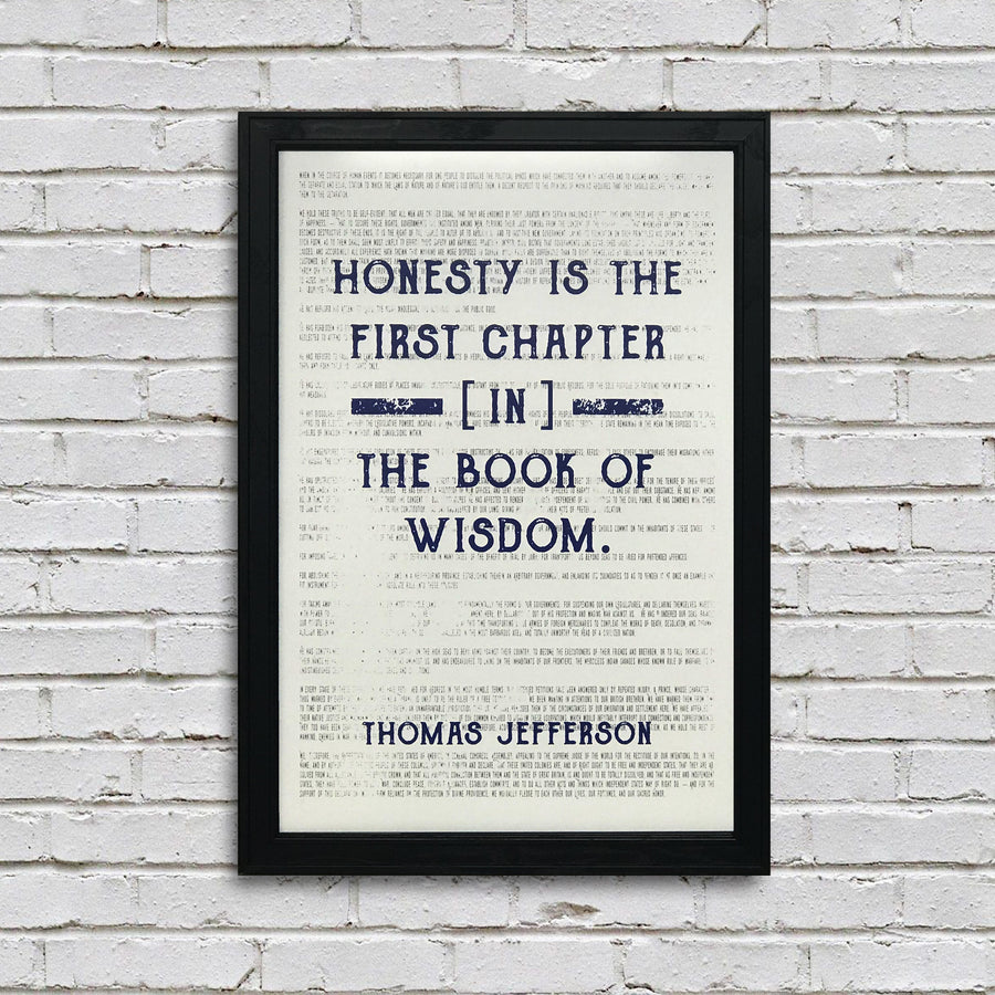 Limited Edition Thomas Jefferson Honesty First Chapter in Wisdom Quote Art Print Blue - 13x19"