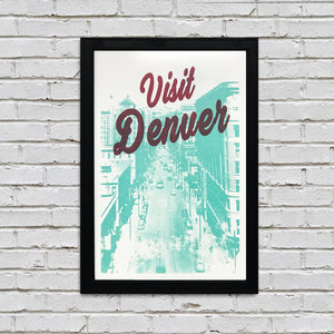 Limited Edition Visit Denver Poster Art - Burgundy and Teal Print - 13x19"