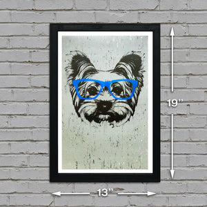 Limited Edition Yorkshire Terrier with Blue Glasses Art Poster / Print - 13x19"