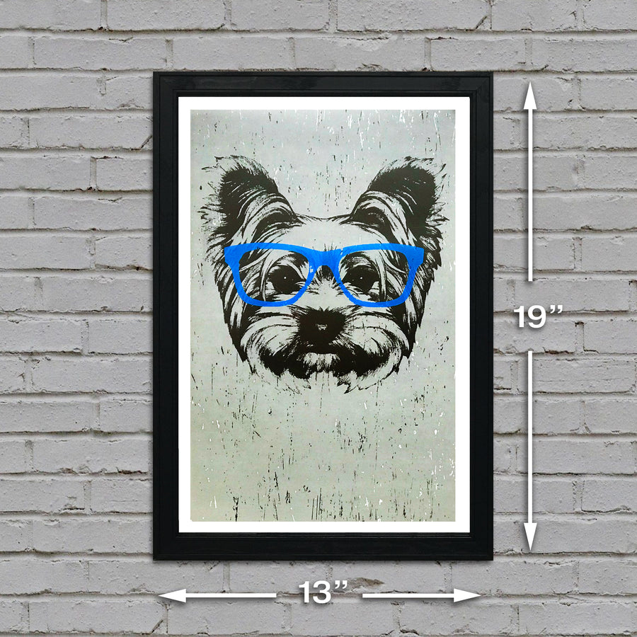 Limited Edition Yorkshire Terrier with Blue Glasses Art Poster / Print - 13x19"