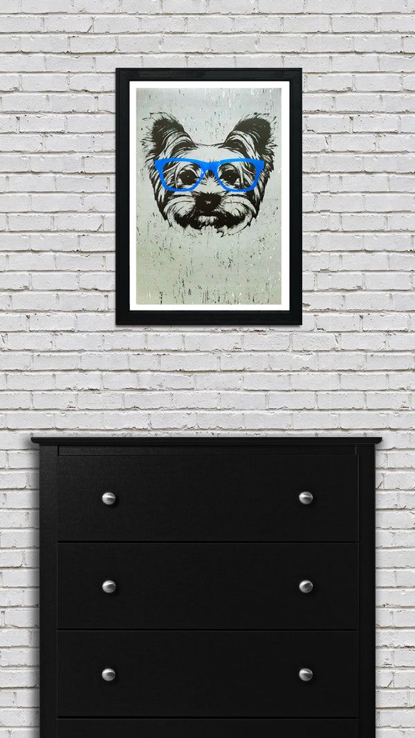 Limited Edition Yorkshire Terrier with Blue Glasses Art Poster / Print - 13x19"