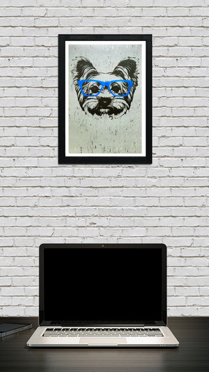 Limited Edition Yorkshire Terrier with Blue Glasses Art Poster / Print - 13x19"