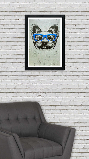 Limited Edition Yorkshire Terrier with Blue Glasses Art Poster / Print - 13x19"