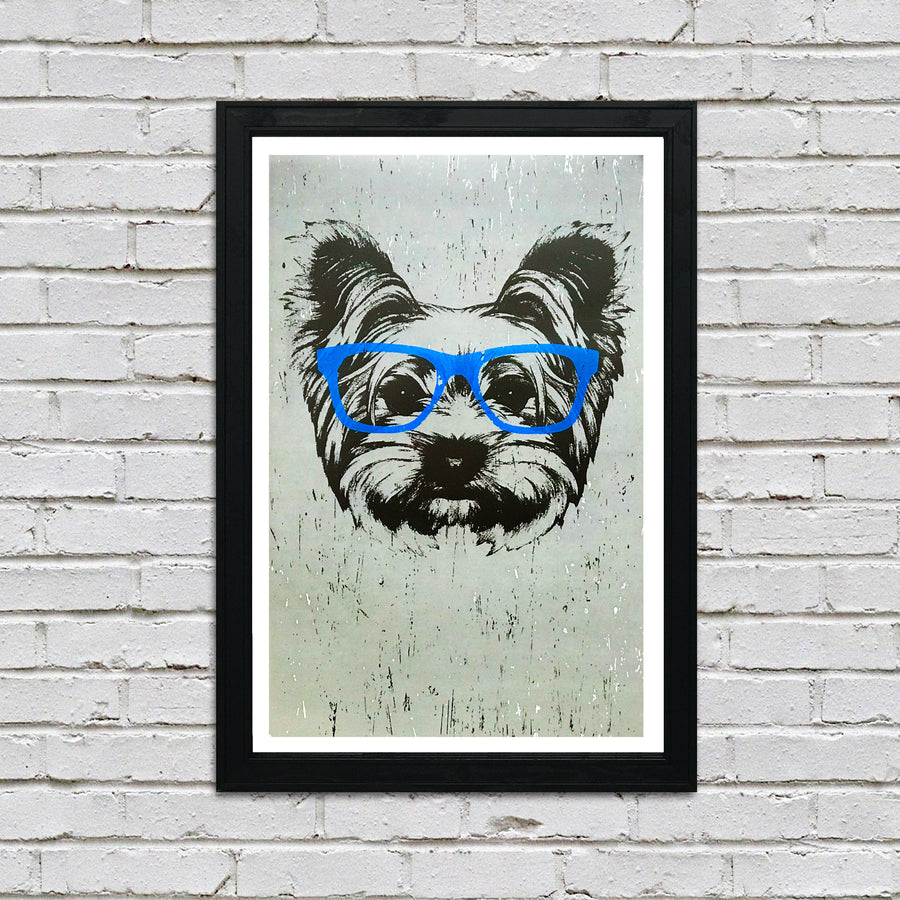 Limited Edition Yorkshire Terrier with Blue Glasses Art Poster / Print - 13x19"